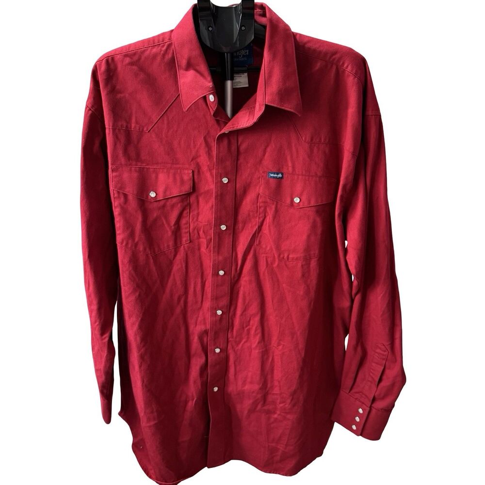 Wrangler Work Cowboy Shirt Pearl Snap Red Long Sleeve Mens 2XL Tall Cotton